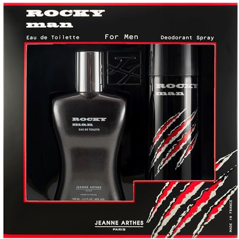 JEANNE ARTHES - Coffret Cadeau pour Homme - Rocky Man - Eau de toilette 100 ml + Déospray 200 ml - Parfum Musc Santal - Fabriqué en France à Grasse