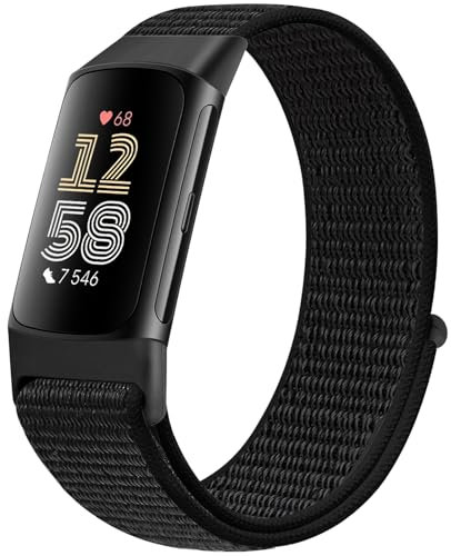 Runostrich Sport Loop Nylon Watch Straps Only Compatible with Fitbit Charge 5 Strap, Adjustable Breathable Replacement Soft Wristband for Women Men Advanced Fitness Tracker, Dark Black