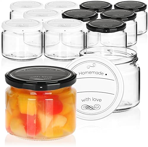 com-four® 12x Einmachgläser mit Schraub-Deckel Homemade with love in schwarz und weiß - TO Ø 82 mm - bis zu ca. 330 ml