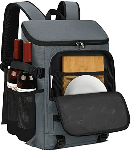 NEWHEY 30L Kühlrucksack Wasserdichten Isoliert Kühltasche Groß Picknickrucksäcke Leicht Lunch Tasche Rucksäcke Cooler Bag für Camping BBQ Wandern Picknick Grau