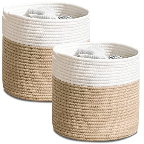 YOUDENOVA Korb Geflochten 2er Pack aus Baumwolle, Spielzeug Aufbewahrung für Kinderzimmer, Aufbewahrungskorb, Übertopf Korb für Wohnzimmer, Schlafzimmer 28(D) x28(H) cm, Natur