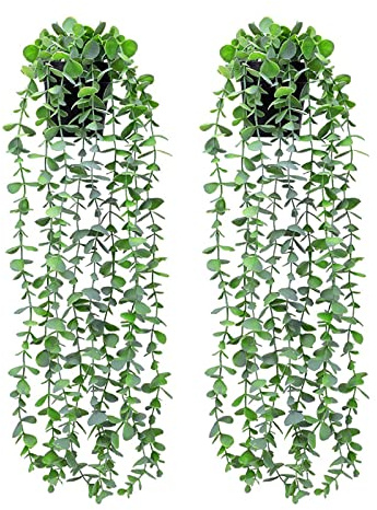 ToKinCen 2Pcs Artificial Potted Plants Fake Vine Hanging Leaves, Faux Plants Artificial Eucalyptus Vine in Pot Room Scenes Decorative Home Kitchen Garden Office Wedding Wall Decoration