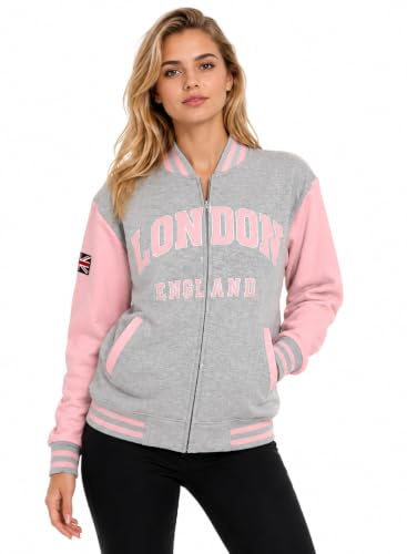 GWCC Unisex London England Varsity Baseball Jacke - Grau & Baby Pink | Besticktes London England & Union Jack Patch | Lässige Bomberjacke für Damen & Herren, rose, L