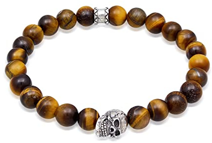 Kuzzoi Herren Armband mit Tigerauge Perlen Totenkopf Bead aus 925 Silber | Chakra Yogaarmband Energiearmband Länge 19-23 cm elastisch