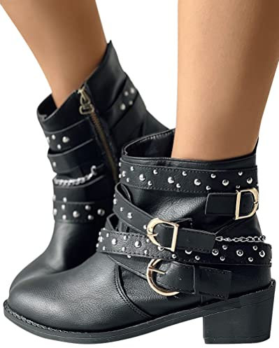 Minetom Damen Stiefeletten Biker Boots Stiefel Blockabsatz Herbst Winter Frauen Schuhe Schnallen Boots Vintage Cowboy Boots Combat Mit Seitlicher Reißverschluss A Schwarz 38 EU