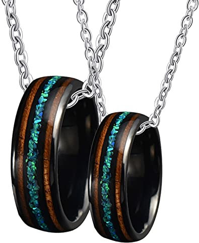 ANAZOZ Partnerkette Ringe 2 Stück, Partnerringe Wolfram Schwarzer Ring 8mm mit Opal und Holz