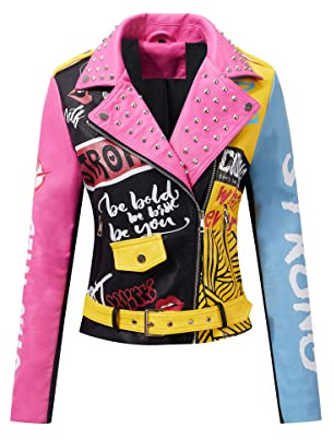 Giolshon Mujer Chaqueta de cuero sintético Remache tachonado Moto Floral Biker Abrigo de solapa corta