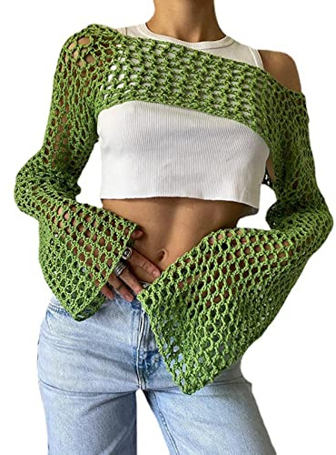 Bnigung Top Corto da Donna in Maglia all'Uncinetto, Coprispalle Sexy Y2k Scava Fuori Maglione Lavorato a Maglia ritagliato Vedere Attraverso Bikini Copricostume, Verde, M