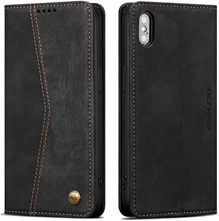 QLTYPRI Hülle für iPhone X/XS 5,8 Zoll, Leder Klapphülle, Retro Schwarz | Vintage PU Leder Hülle, Handyhülle mit 2 Kartenfächer, Standfunktion, Weicher TPU-Rahmen, Stoßfeste Flip Wallet Case