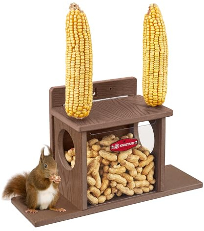 Kingsyard Squirrel Feeder Box for Outside, Recycled Plastic Squirrel Feeder Box with Corn Cob Holders, Easy to Refill & Clean, Weather-Proof (Brown)