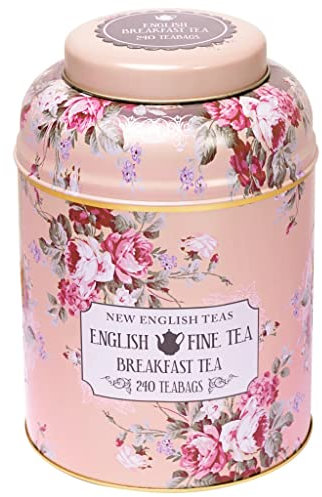 New English Teas Vintage Floral Tea Caddy with 240 English Breakfast Teabags for Tea Lovers, Cottage Core