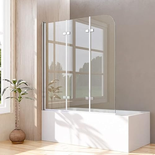 Duschwand für Badewanne 3-teilig 140x140cm Faltbar Duschtrennwand, Badewannenwand Sicherheitsglas Badewannenaufsatz Dusche aus 6mm ESG Nano Glas, Silber Trennwand Dreifaltigkeitstür