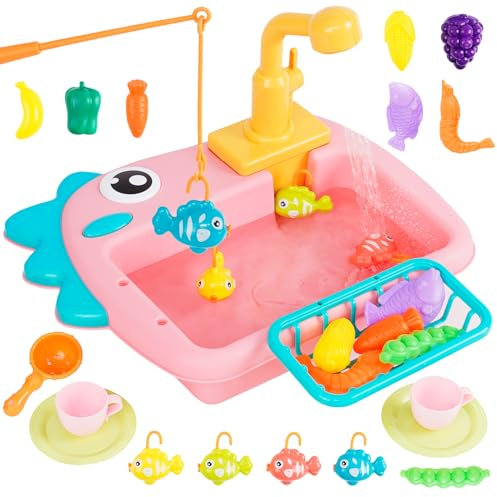 Fregadero de Juguete de Cocina con Agua Corriente, Juguetes de Pesca, Juguete de Cocina con Grifo Real, Pretenda el Juego de Roles Juguetes para niños, Regalo para Niñas y Niños, Rosa