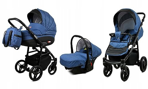 BabyLux® Bambimo Kinderwagen Set 3 in 1 - Axel - incl. Babywanne, Buggy Sportsitz, Auto-Babyschale - Autositz - Kinderwagenset - Kombikinderwagen mit Wickeltasche, Regenschutz usw.