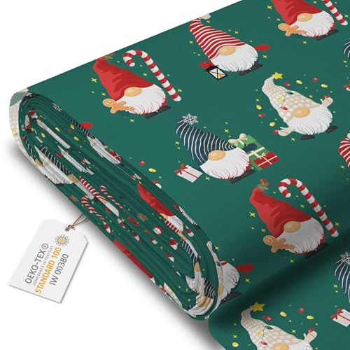 DreamRoots Oxford Weihnachtsstoff Meterware, Gnomes with Gifts | wasserdicht, wasserabweisend, Deko-Stoff, OEKO-TEX, 220 g/m² 600D, Weihnachtsmotiv, zum Nähen & Basteln