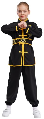 dPois Tai Chi Abbigliamento Bambino Ragazzo Unisex Uniforme Kung Fu e Arti Marziali Esercizio Uniforme Kung Fu Abbigliamento Costume Tradizionale Cinese Wushu Qigong Nero 11-12 anni