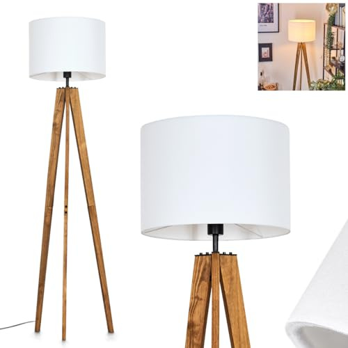 Bassagoda golvlampa, golvlampa av trä/metall/väv i natur/svart/vit, lampa i skandinavisk design med tygskärm (Ø 40 cm) och fotpedal, höjd 161 cm, 1 x E27, utan glödlampa