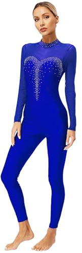 Jydiazi Damen Ganzkörper Turnanzug Langarm Mesh Patchwork Ganzkörperanzug Gymnastik Tanz Trikot Ballett Body Eislaufen Tanzkleidung Blau_B L