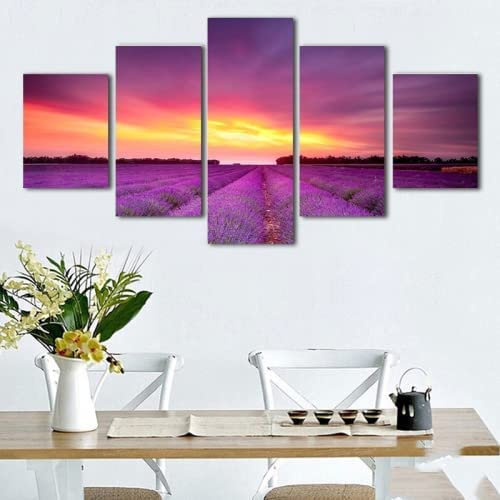 Leinwanddrucke,Modulare Wandkunst Wandaufkleber,5 Teiliges Wandbild, Lavendel Sonnenuntergang 100 X 50 Cm Wohnzimmer, Schlafzimmer, Büro, Hotel, Wandkunst, Wandbild, Poster, Foto, Heimdekorat -7A0R+Y5