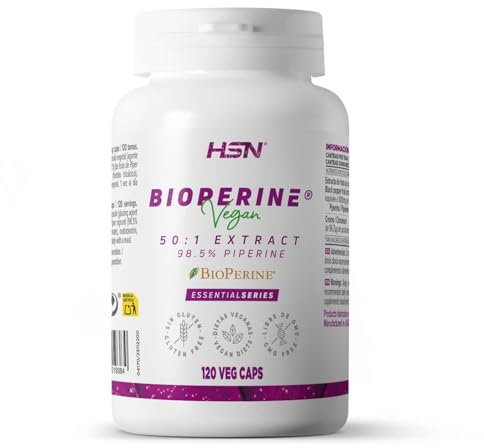 HSN Bioperine 20mg extracto de Pimienta Negra (98,5% piperina) | 120 Cápsulas Vegetales | Mejora la Digestión Aumenta la Biodisponibilidad y Absorción de Nutrientes | No-GMO, Vegano, Sin Gluten