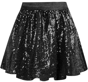 BALAYSIER Sequin Skirt with Lining for Girls Sparkly Skirts High Waist Elastic Mini A-line Skirt for Dance Party(Black,6-8 Years)