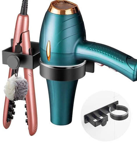 sdhiiolp Fönhalter Ohne Bohren Föhnhalter für Glätteisen und Haartrockner Föhn Halterung Schwarz Aluminium Haartrocknerhalter Selbstklebend Fönhalterung für Bad Barbershop Hotel