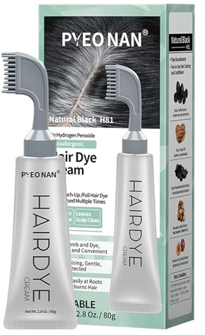 PYEONAN Hypoallergenic Hair Dye Cream,Natural Plant Extract Without Bleaching, Easy Comb to Cover Gray Coverage Ammonia Free All Hair Types 2.8Oz. /80g (Natural Black, 1 Count)