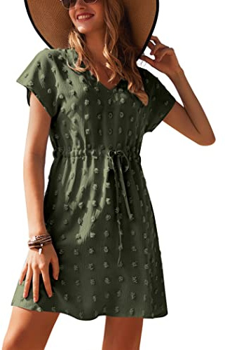 Ekouaer Strandöverdrag Dam Strandklänning Kort Klänning Sommar Bikini Cover Up V-ringning Kortärmad Casual Klänning S-XXL, Armégrön, S