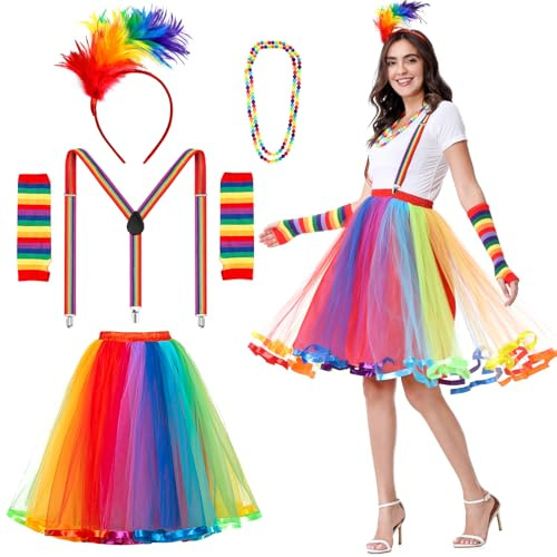 Aragallant Regenbogen Tüllrock mit Riemen, Karneval Regenbogen Kostüm Damen, Tüllrock Damen, Bunt Feder Stirnband, Regenbogen Rock Damen Mädchen Tüll, 50er jahre outfit damen für Karnevalspartys