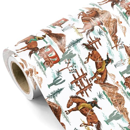 WRAPAHOLIC Western-Geschenkpapier – Mini-Rolle – 43,2 cm x 5,2 m – Cowboy-Geschenkpapier Pferd-Design für Jungen und Herren, Geburtstag, Nashville Party