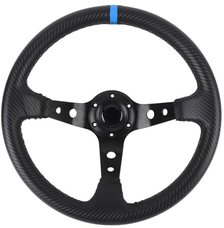 Volant de Course Automobile 14 Pouces, Volant Sport Aspect Fiber de Carbone avec Cadre en Aluminium, Vis de Montage et clé (BLUE)