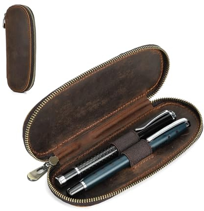 CONTACT'S FAMILY Stifteetui aus Leder mit 2 Fächern, Schreibwarentasche für 2 Stifte, ovale Leder-Füllfederhalter-Tasche (Kaffee), coffee, Vintage-Stil