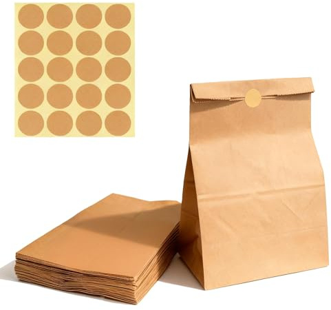 Leucasa 50 Stück Kraftpapier Tüten 24X13X8cm Papiertüten Braun Mit 50 Aufklebern Selbstständig Papier Geschenktüten Wiederverwendbar für Lebensmittel, Brote, Snacks, Kleine Unternehmen