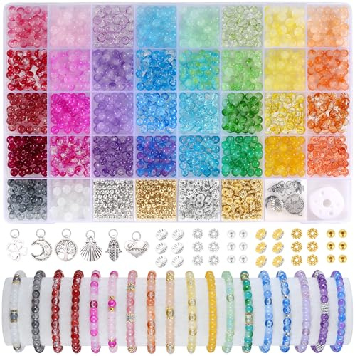 Funtopia 6mm Glasperlen, 34 Farben Rund Perlen für Armbänder, Edelsteine Perlen Schmuck Selber Machen, Perlens zum Auffädeln für Erwachsene Mädchen