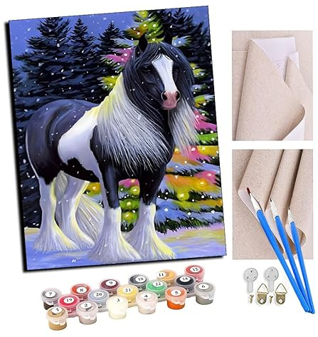 TUDOUTU Malen nach Zahlen Schwarz-weißes Pferd auf verschneiten Weihnachten Für Erwachsene und DIY Ölgemälde Geschenk-Kits Vorgedruckte Leinwand Kunst Home Decoration 16x20 Zoll Mit Rahmen