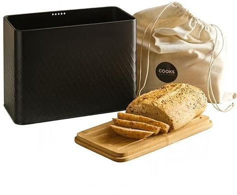 Cooks Professional Contenitore per il pane con sacchetto di lino e coperchio in bambù | Moderno ed elegante motivo a rombi | Contenitore rettangolare traspirante per alimenti per pagnotte, rotoli