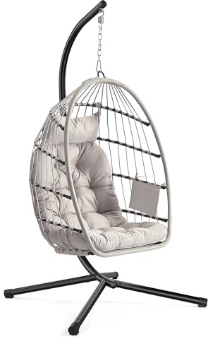 SONGMICS Outdoor Hanging Egg Chair, Foldable Removable Basket, Height-Adjustable Swing Chair, Side Pocket, Cushion, for Living Room, Garden, Balcony, White GDC050WZ02