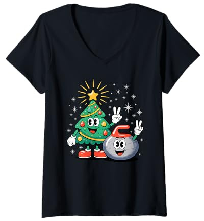Mujer Navidad Árbol Piedra De Curling X-Mas Curler Camiseta Cuello V