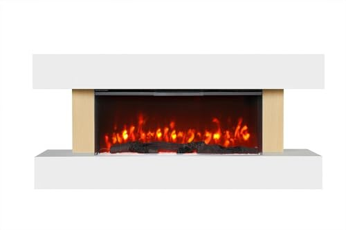 DUPI Chimenea Eléctrica Nero Pro SENZIA | 3 en 1 con Calefacción | Efecto Llama 3D Panorámica | 12 Colores Llama | App Tuya/Smart Life/Alexa | Blanco/Madera | 134x58x21cm