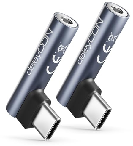 deleyCON 2x USB C till 3,5mm Ljudadapter för Hörlurar/Musik/Samtal/Mikrofon - Mobil, Smartphone, Surfplatta, Headset, Högtalare - för iPhone 17 16 15, iPad, Galaxy S25 S24 A16 A56