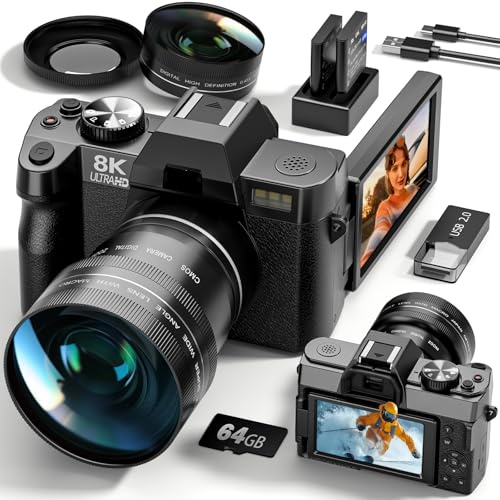 2025 New 8K&64MP Digital Cameras for Photography&Video, Vlogging Camera for YouTube, Compact Camera with 64GB TF Card, WiFi,and Wide-Angle & Macro Len, AUTOFOCUS, 3-inch Flip Screen，2 Batteries（Black）