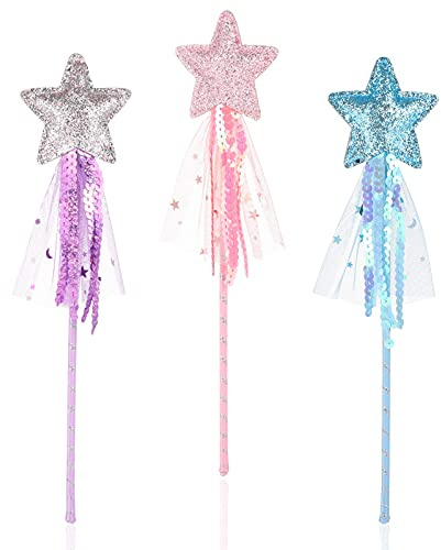 Kaisibum 3 Stück Feenstab für Kinder Glitzer Prinzessin Stern Zauberstäbe | Sternstab für Mädchen für Weihnachten Kostüm Requisiten Geburtstagsfeiern Zubehör Cosplay Dekoration(Lila &Rosa&Blau)