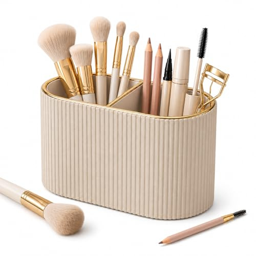 GORESE Make-Up Pinselhalter,Makeup Pinsel Veranstalter PU Leder Kosmetik Organizer Schminktisch Zubehör Kosmetik Halter Pinsel Lagerung Box für Schminktisch, Badezimmer, Schlafzimmer(Beige)