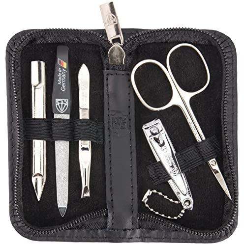 DREI SCHWERTER - Germany 5-tlg. Maniküreset 'Milano' | Maniküre Nagelset in ECHT LEDER schwarz | Inhalt: Hautschere, Pinzette, Saphirnagelfeile, Nagelknipser, Nagelreiniger/Drücker