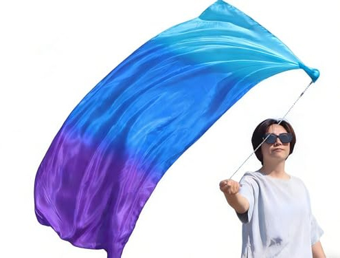 Winged Sirenny Tanzschleier Poi Bälle aus Handgefärbt, Leicht & Elegant Seide für Bauchtanz & Flow Arts, Jonglierschleier Voi mit Stahlseil & Tragetasche, 135x60 cm, 1 Stück