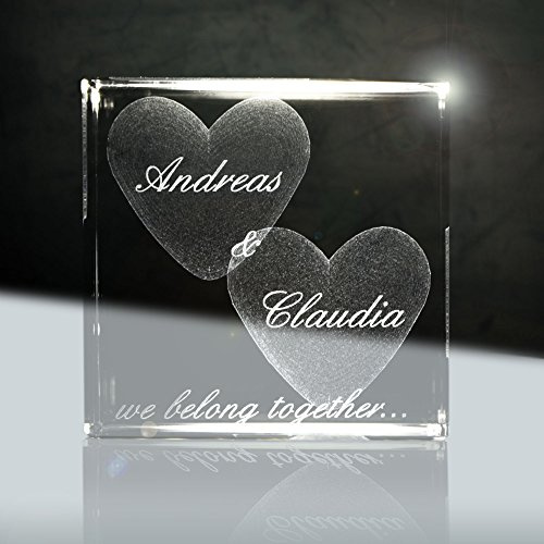 3Dglas 3D Laser Glaskristallwürfel | Layout: Herz mit deiner Wunschgravur (Namen, Datum und Zusatztexten - das ideale Liebesgeschenk für euren Jahrestag)
