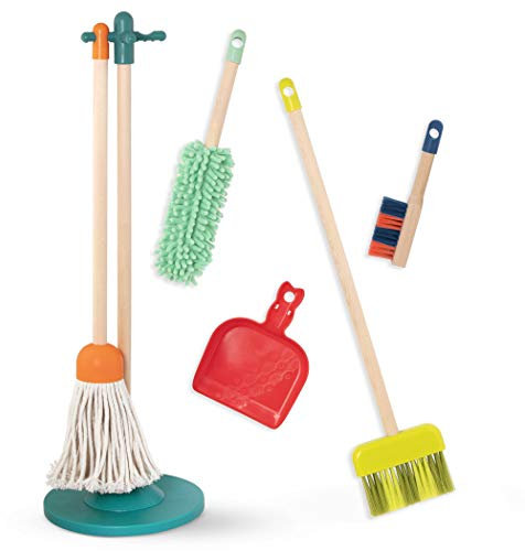 B. toys escoba de juguete de madera para niños con mango largo, recogedor, cepillo de mano, fregona y plumero con soporte de madera - a partir de 2 años de edad