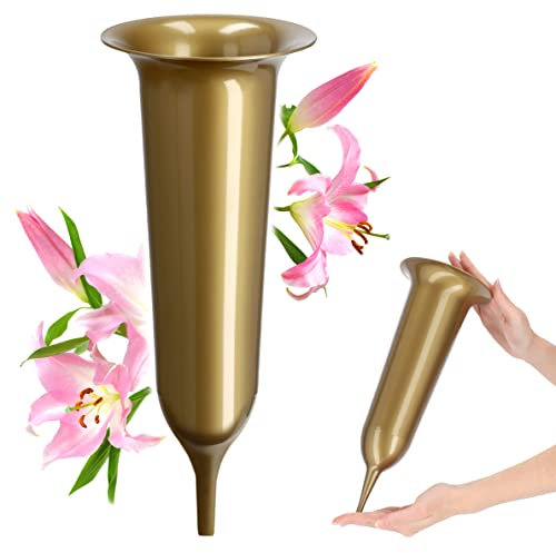 KADAX Vaso per tomba, vaso in plastica, vaso per fiori, vaso in plastica per fiori, resistente alle intemperie, vaso per cimitero, resistente al gelo (13,5 cm, con picchetto, oro)