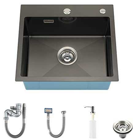 KORVO Einbauspüle 50 x 45cm Edelstahl Gunmetal Schwarz, Küchenspüle für Aufliegende & Flachbündige Montage Siphon Rechteckige Küchenspüle ab 40er Unterschrank