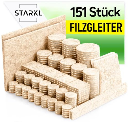 STARKL Filzgleiter selbstklebend, 151 Stück (4 mm), Hochwertiger Nadelfilz | Premium Nadelfilzgleiter für Stühle, Starke Selbstklebekraft, Filzgleiter für Möbelfüße, Geräuscharmer Bodenschutz